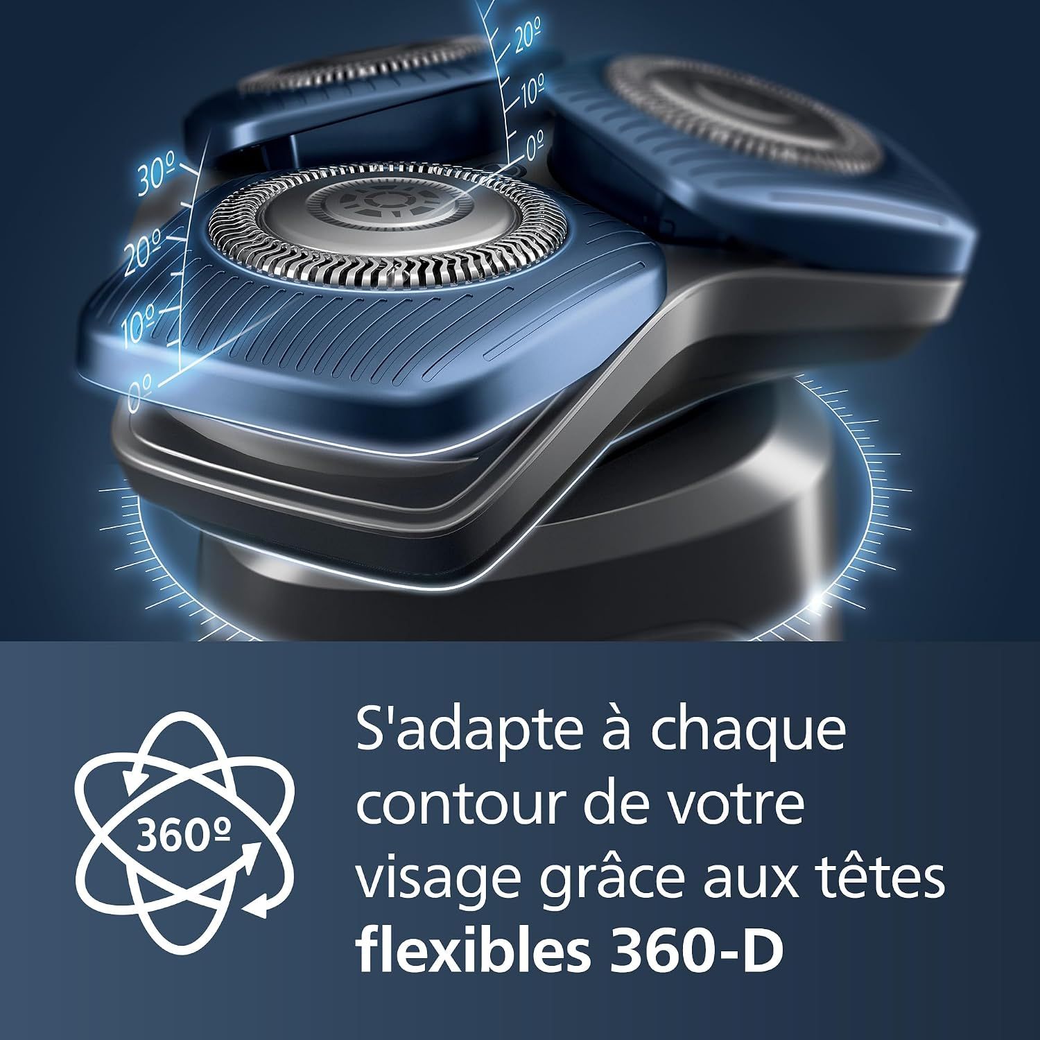 Tête de rasoir électrique avec têtes flexibles à 360 degrés s'adaptant aux contours.