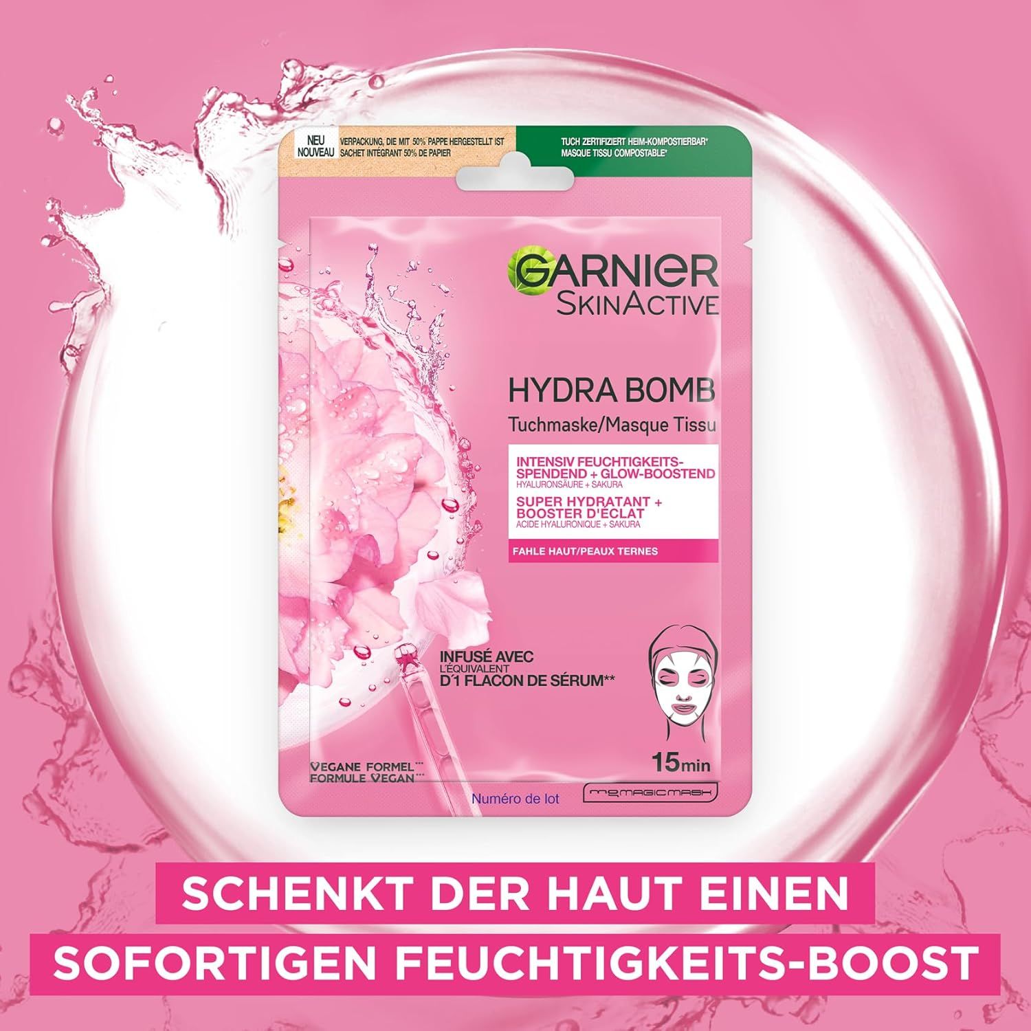 Roze Garnier SkinActive Hydra Bomb tissue mask. Verpakking met productafbeelding en tekst. Opschrift: Intensieve hydratatie.