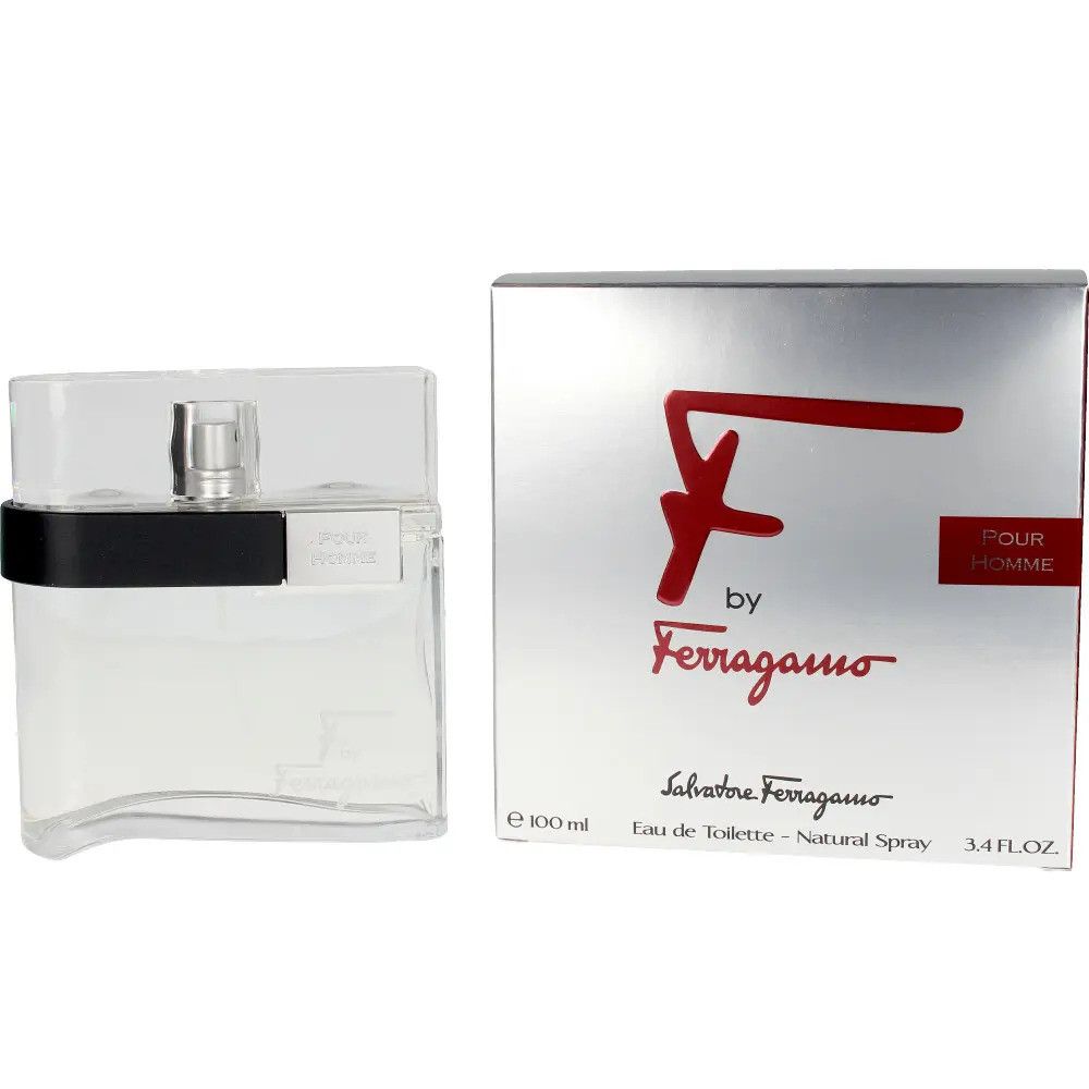 Bouteille et boîte argentée avec logo 'F' rouge. 'Salvatore Ferragamo Eau de Toilette'.