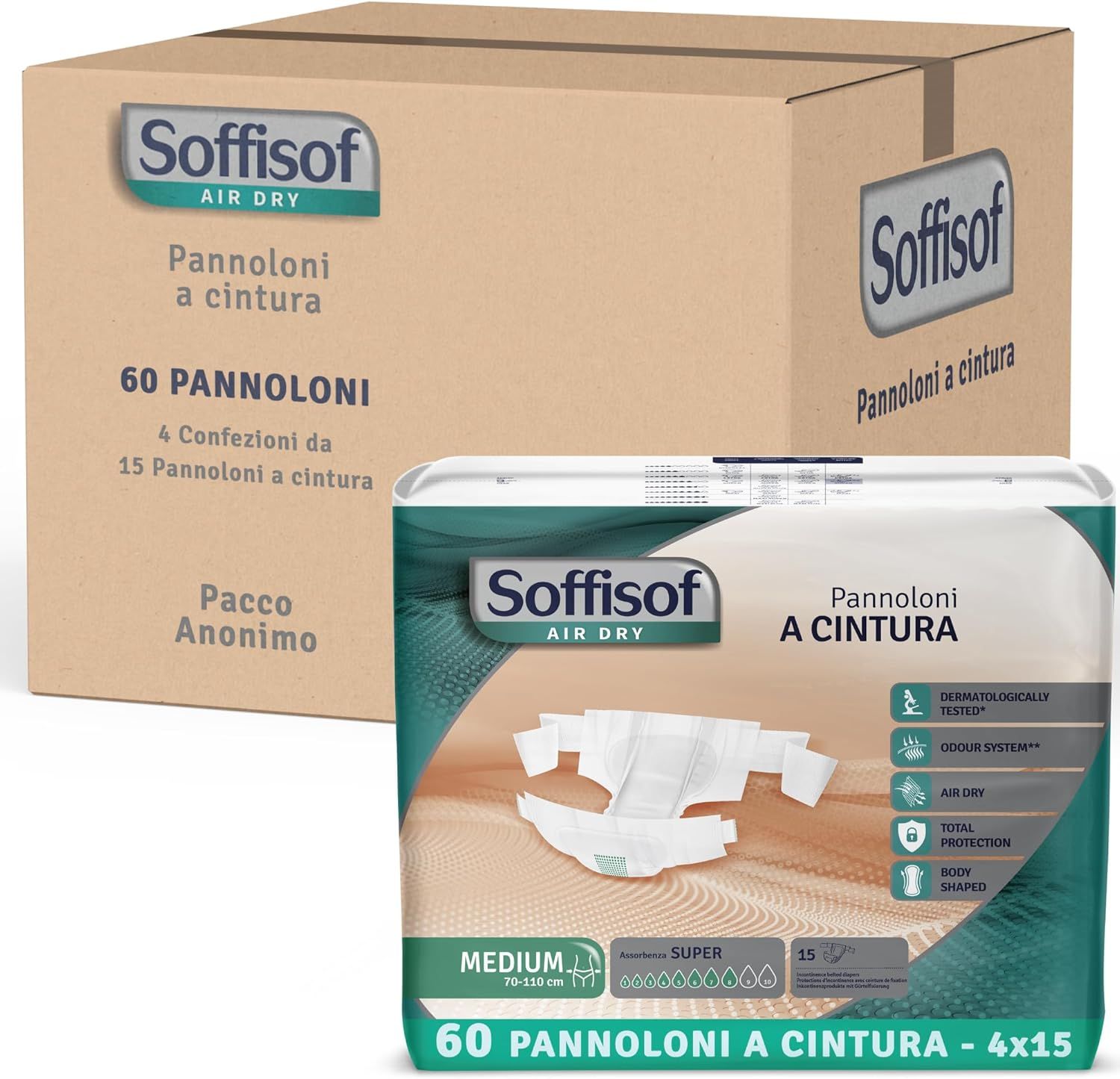 Carton et paquet de Soffisof, protection contre l'incontinence avec ceinture. Emballage du produit avec produit.