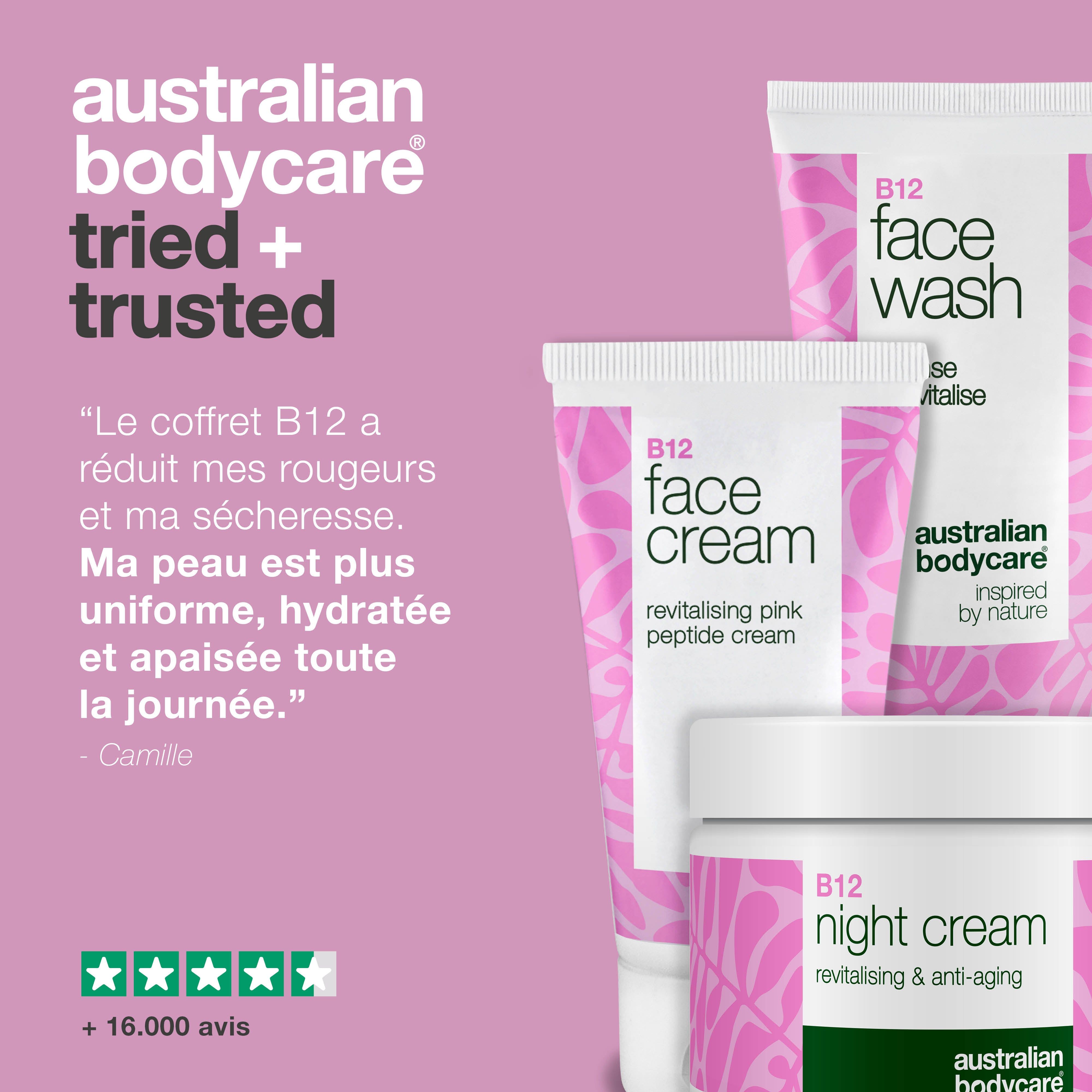 Produits : Face Wash, Face Cream, Night Cream. Citation : Le coffret B12 a réduit mes rougeurs et ma sécheresse.