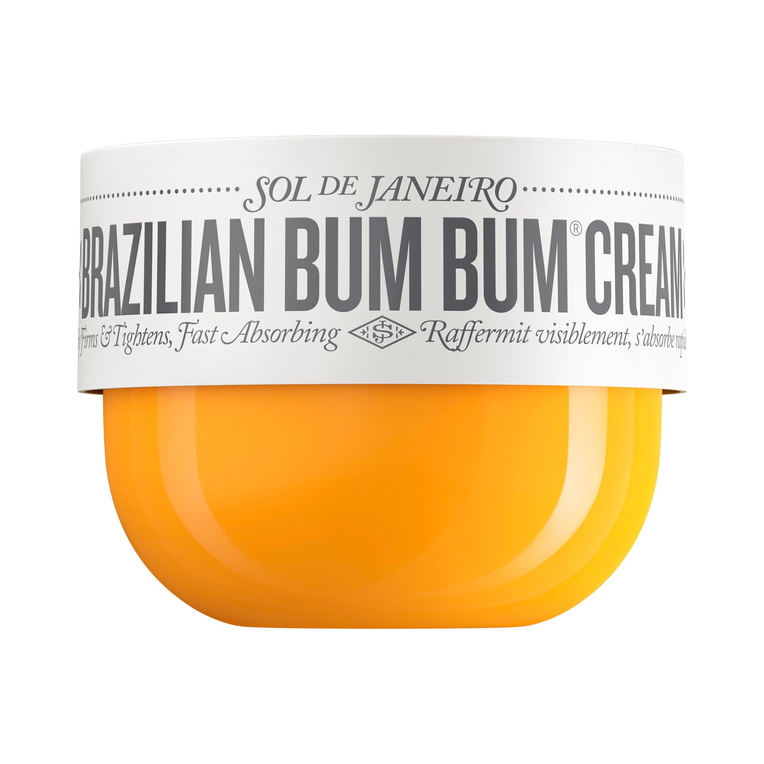 Récipient de produit avec fond jaune et couvercle blanc. Texte : « Sol De Janeiro Brazilian Bum Bum Cream » et informations sur le produit.