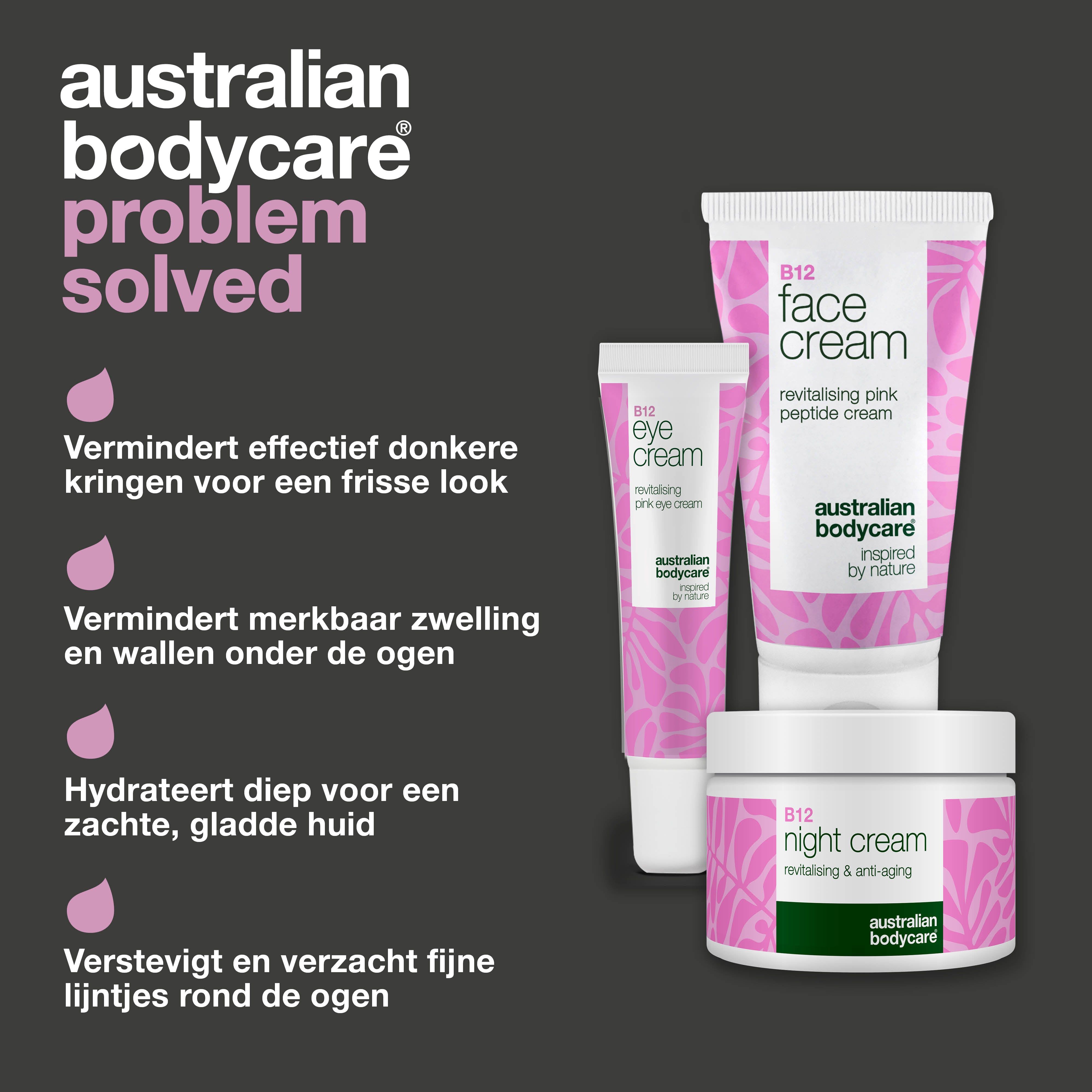 Drie cosmetische producten: oogcrème, gezichtscrème en nachtcrème. Tekst: Australian Bodycare probleem opgelost. Roze druppels.