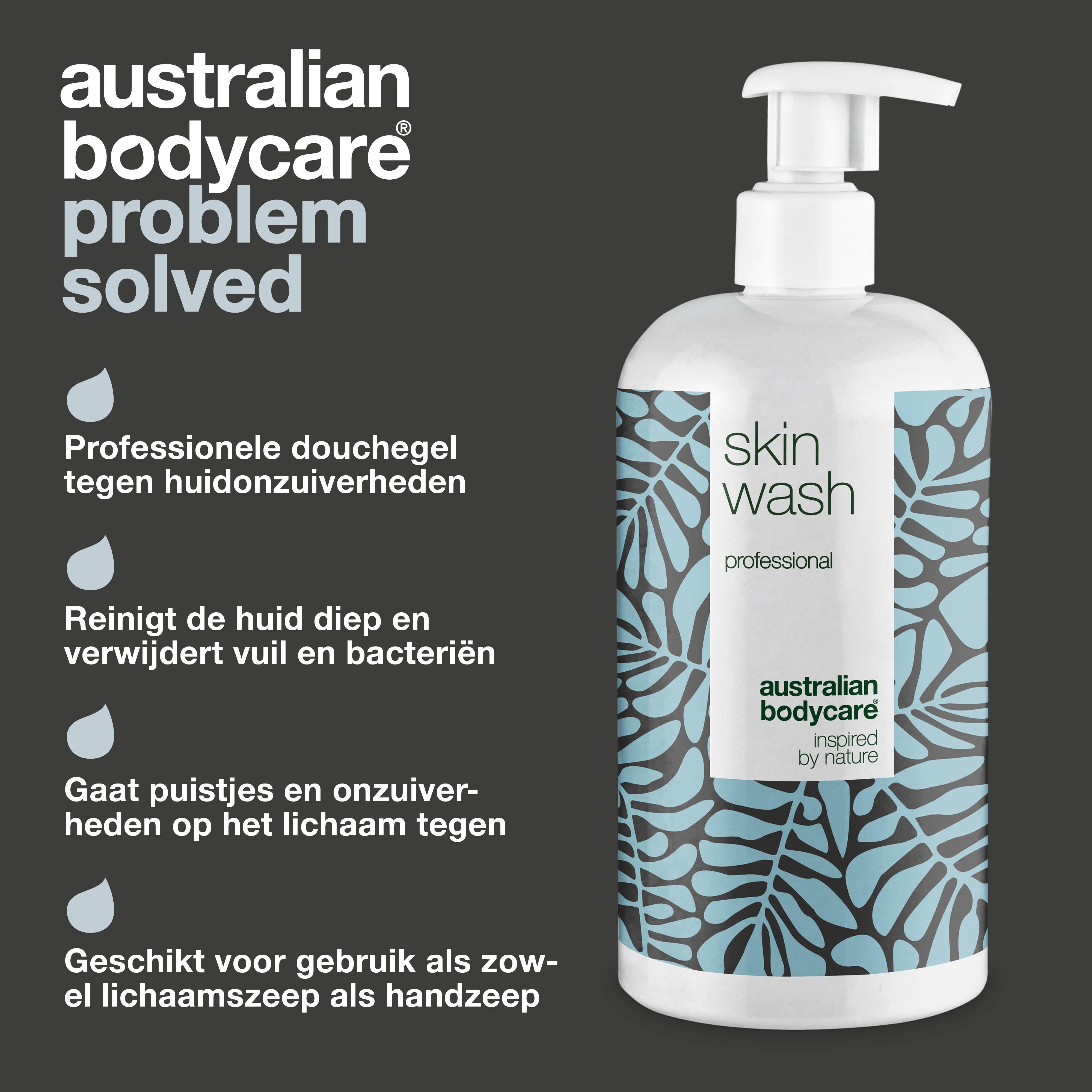 Fles met pomp. Opschrift: Skin Wash professional. Logo: Australian Bodycare. Tekst: Professionele douchegel tegen huidonzuiverheden.