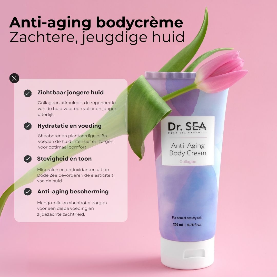 Crèmetube met tekst en bloem. Tekst: "Dr. SEA Anti-Aging Body Cream Collagen".