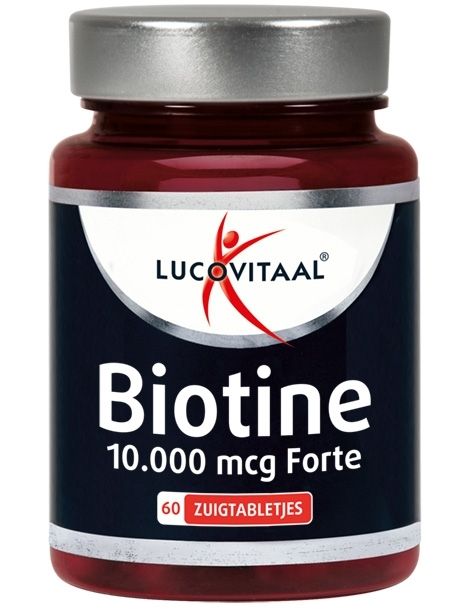 Bruine fles met zilveren dop. Bevat Lucovitaal Biotine 10.000 mcg Forte. 60 zuigtabletten.