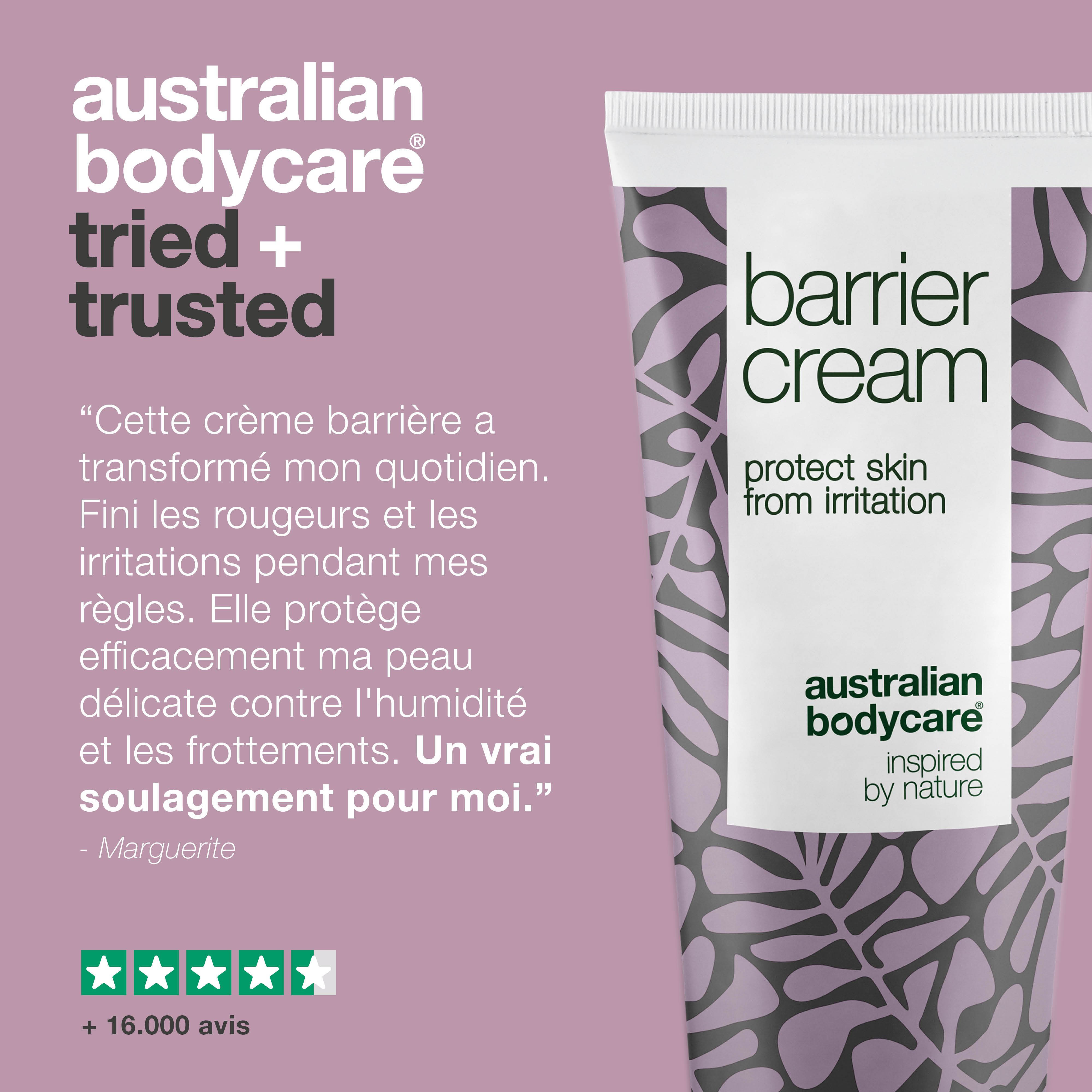 Graphique : Australian Bodycare tried + trusted. Tube de crème barrière. Inscription : protect skin from irritation. Marque : Australian Bodycare.
