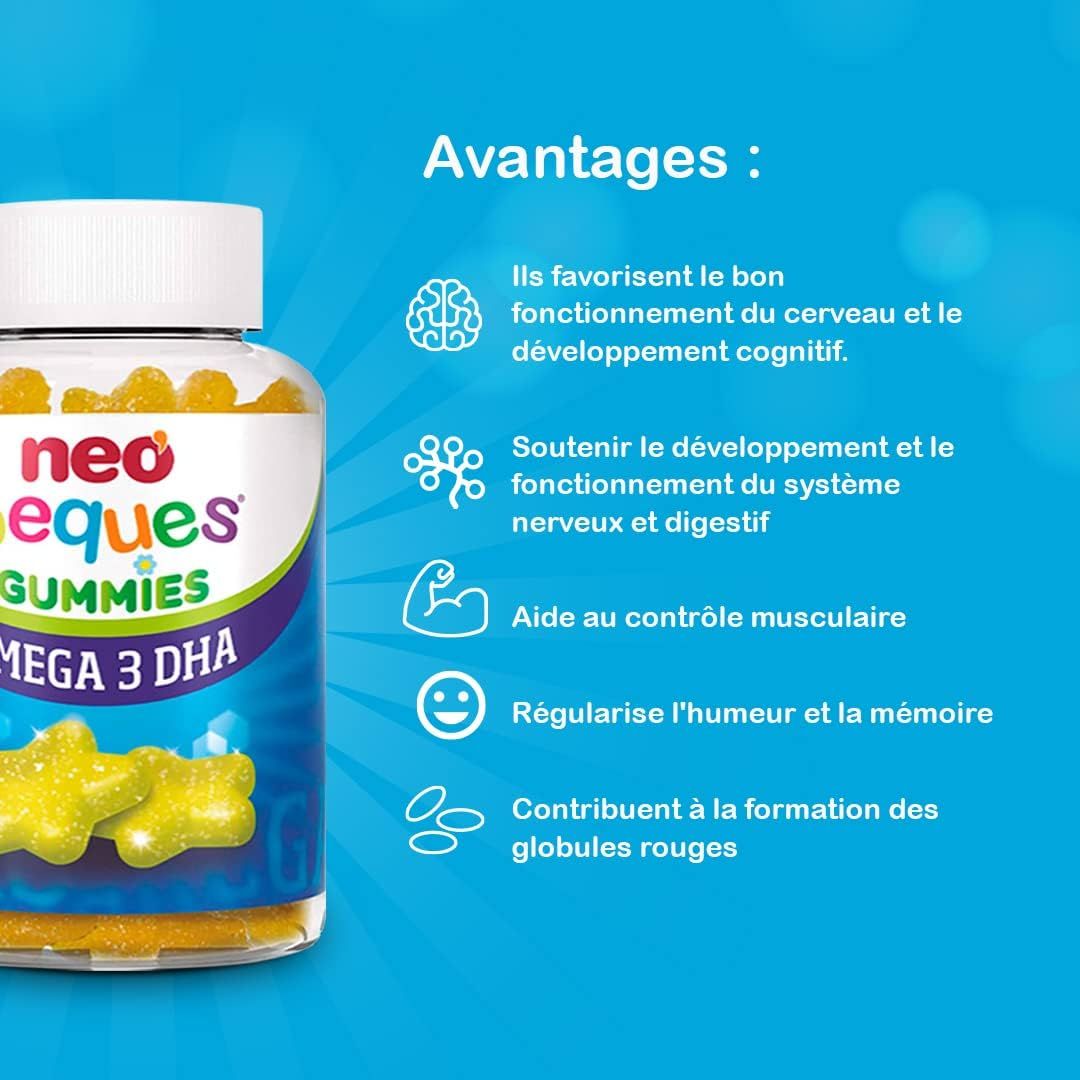 Avantages des Neo Peques Omega 3 DHA Gummies : fonction cérébrale, développement cognitif, nerfs, digestion, contrôle musculaire, mémoire, globules rouges.