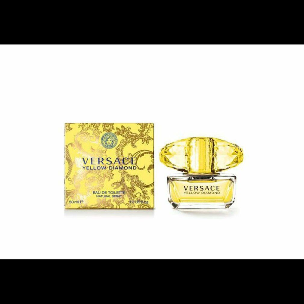 Flacon et boîte de parfum jaunes. Inscription : Versace Yellow Diamond. Flacon avec bouchon jaune. Boîte avec logo et texte.