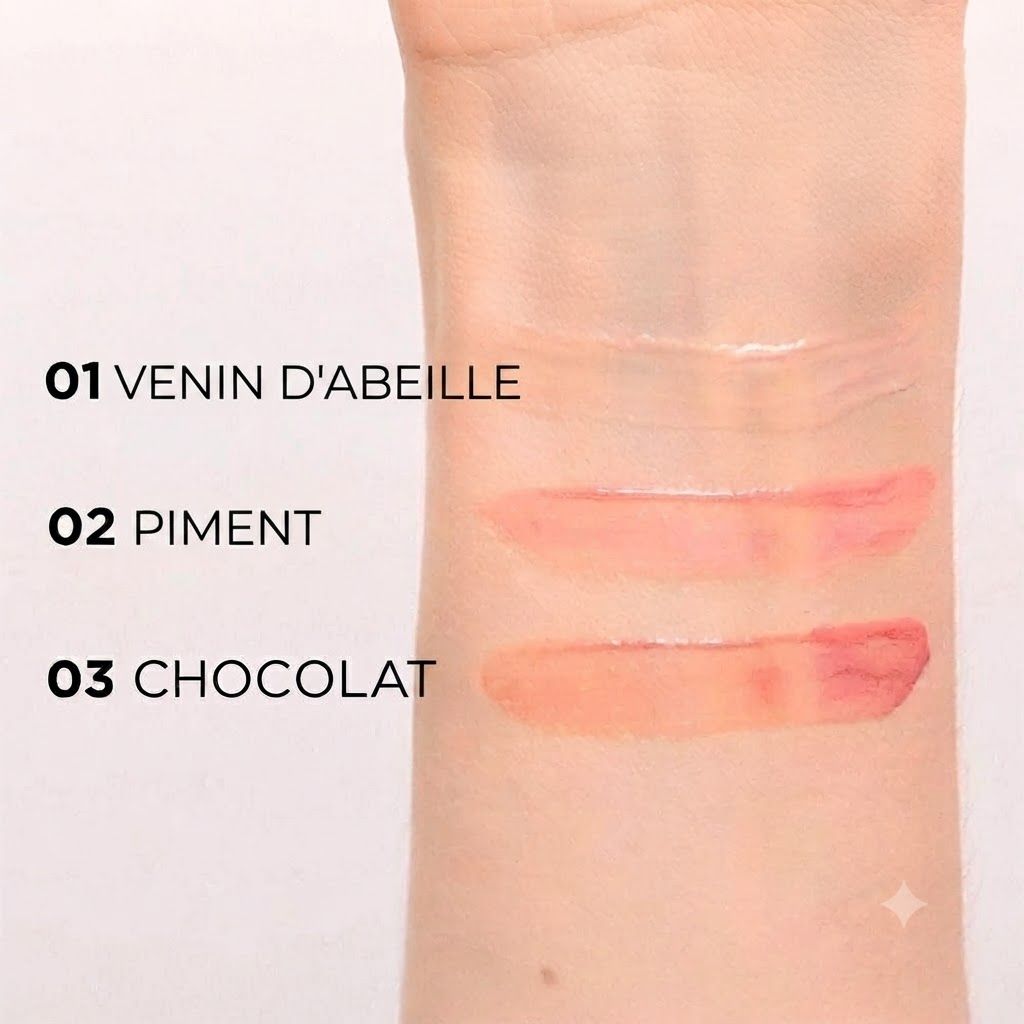 Échantillon sur peau : Brillance transparente.