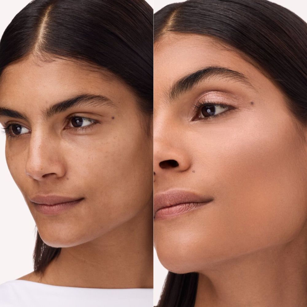 Deux visages côte à côte. Gauche : sans maquillage. Droite : avec enlumineur appliqué.