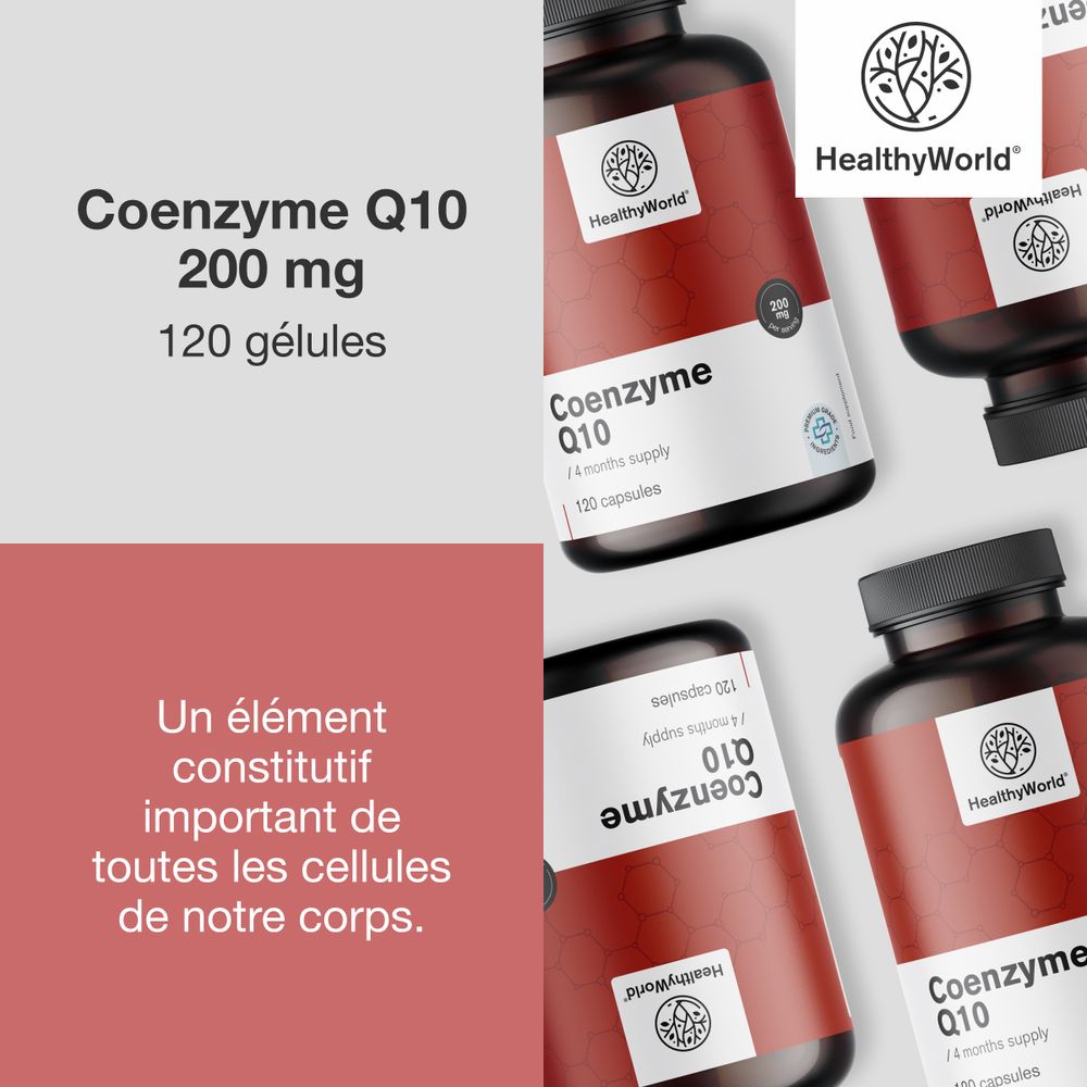 Homme et femme à l'extérieur. Flacon avec texte: Coenzyme Q10, 200 mg, 120 gélules.