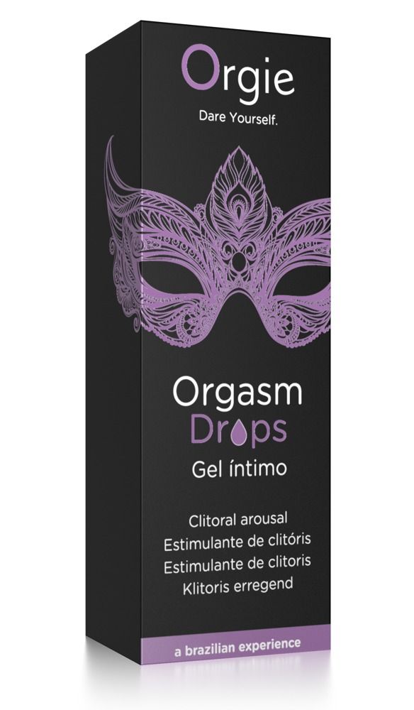 Flesje en verpakking Orgie Orgasm Drops, maskerontwerp, 30ml.