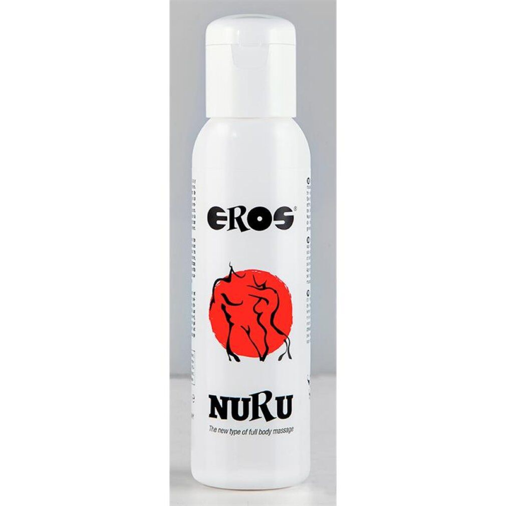 Bouteille blanche de gel de massage Nuru par Eros avec cercle rouge et logo de figures.