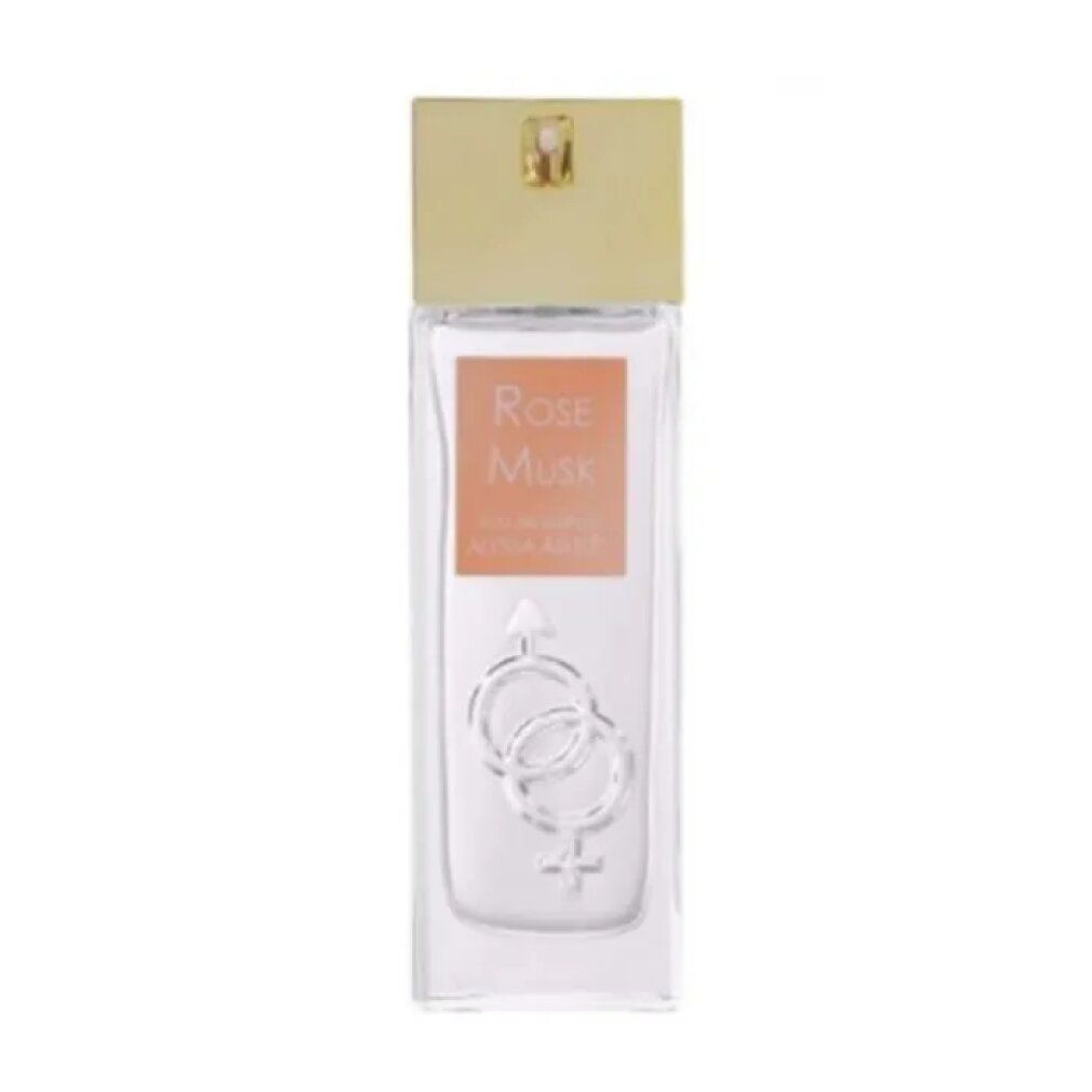 Rechthoekige fles met gouden dop. Label met "Rose Musk" en "Alyssa Ashley". Daaronder, verstrengelde symbolen.