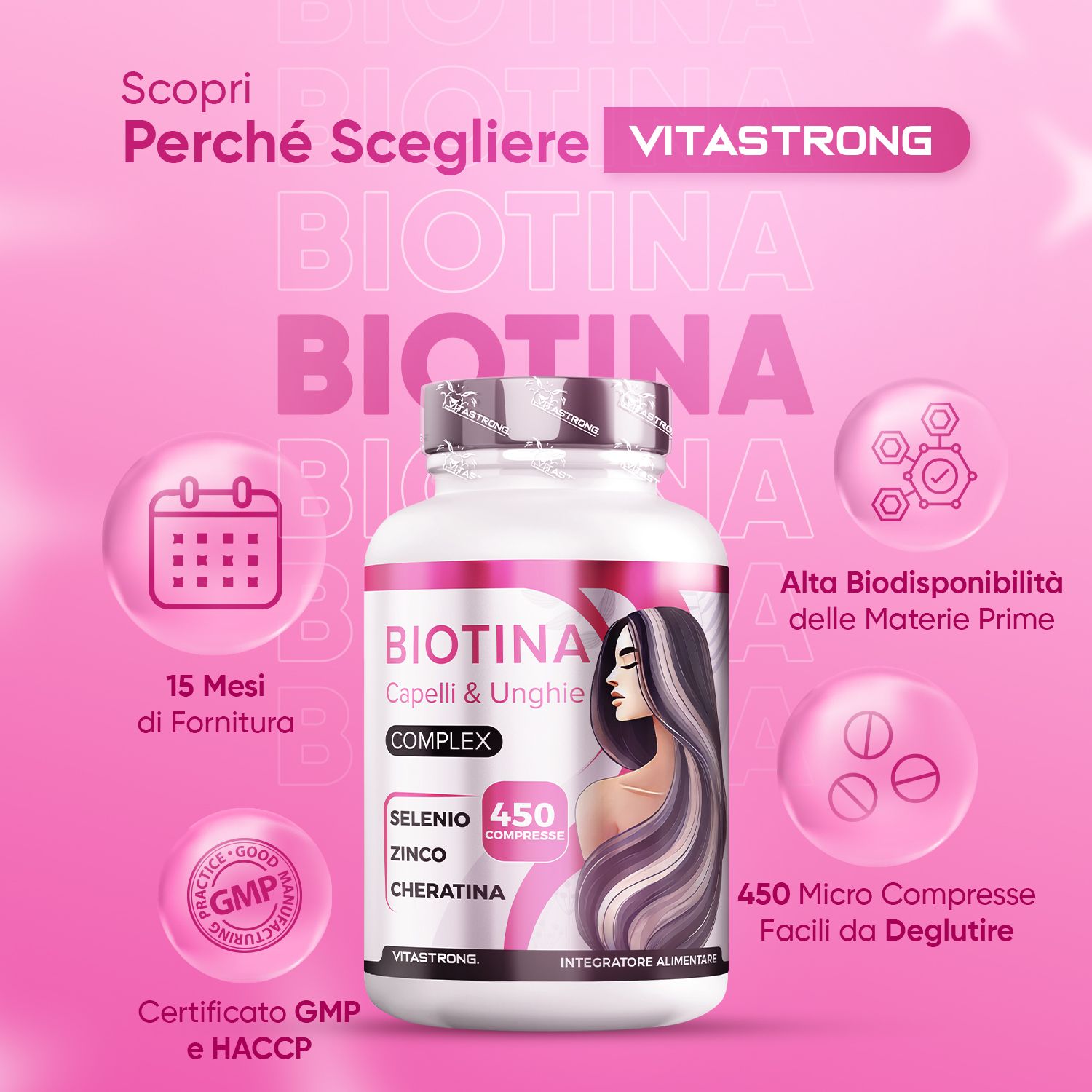 Fles "BIOTINA Capelli & Unghie COMPLEX" met 450 Micro Compresse. Tekst: 15 mesi di Fornitura, Certificato GMP e HACCP.