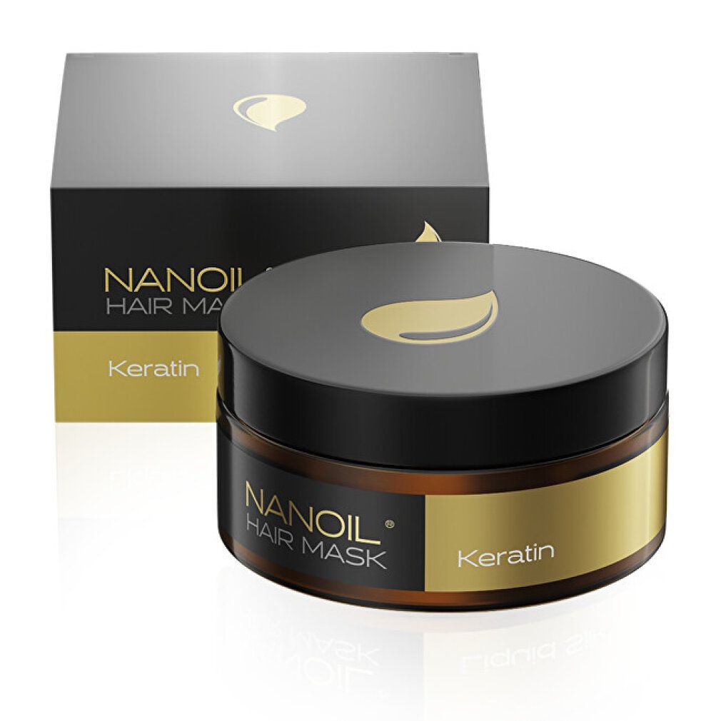Masque capillaire Nanoil à la kératine dans un pot en verre brun avec couvercle noir et boîte.