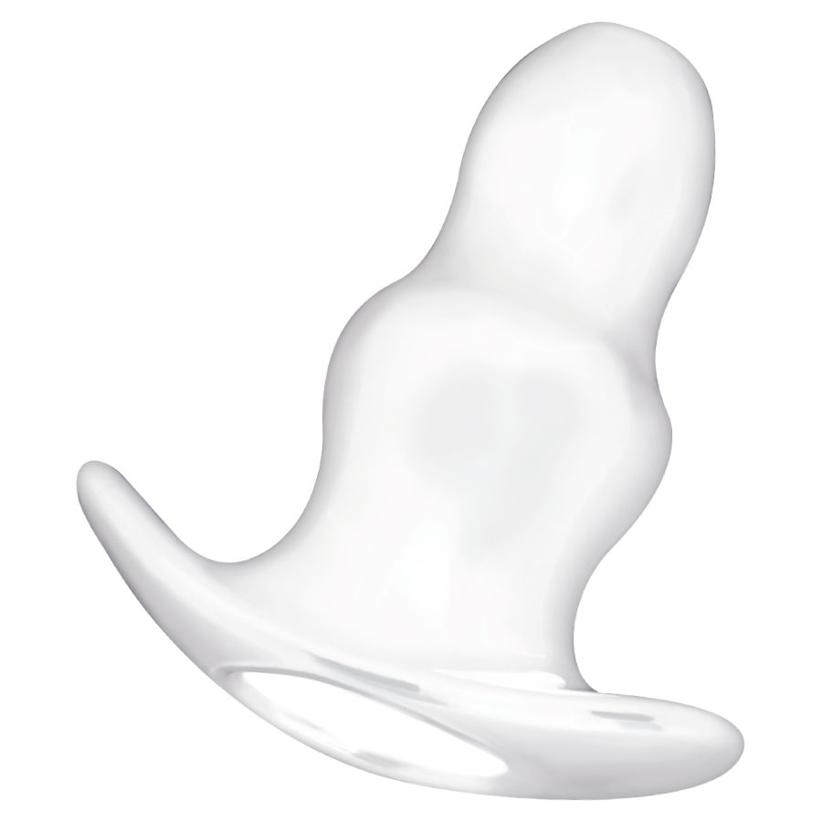 Transparante TPE anale tunnel dilator, 13,5 cm lang, met brede basis. Enkelvoudige weergave.