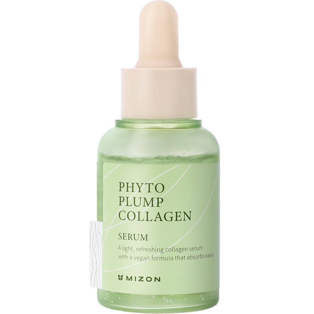 Groene glazen fles met serum. Opschrift: Phyto Plump Collagen Serum. Met pipet en lichte dop.