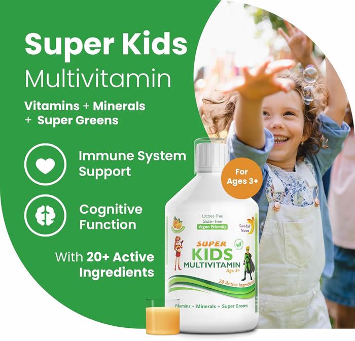 Bouteille de Swedish Nutra SUPER KIDS MULTIVITAMIN. Contient vitamines, minéraux et super aliments. Pour enfants dès 3 ans.