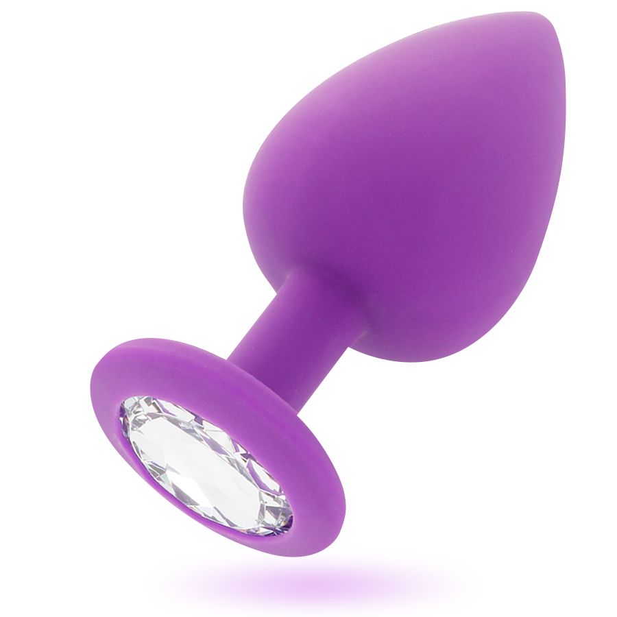 Plug anal violet avec décoration en cristal sur la bride.