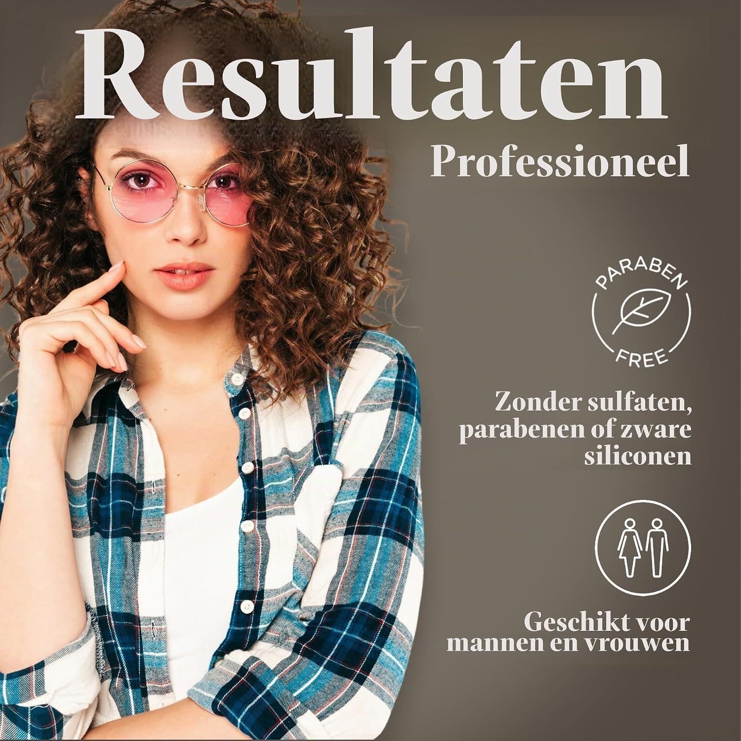 Vrouw met krullend haar en zonnebril, "Resultaten Professioneel" tekst. "Parabenenvrij" keurmerk.