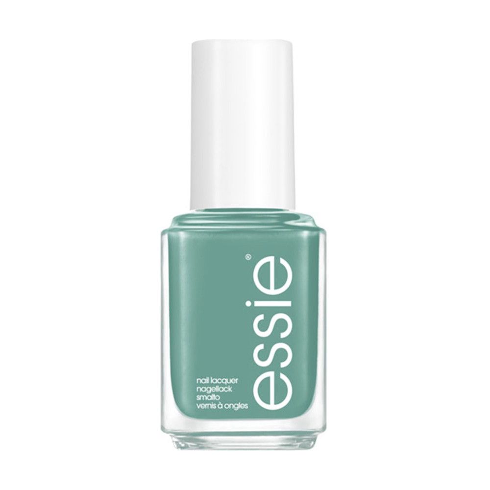 Nagellakflesje met witte dop. Vierkante vorm, transparant glas. Essie-logo en productnaam in groen.