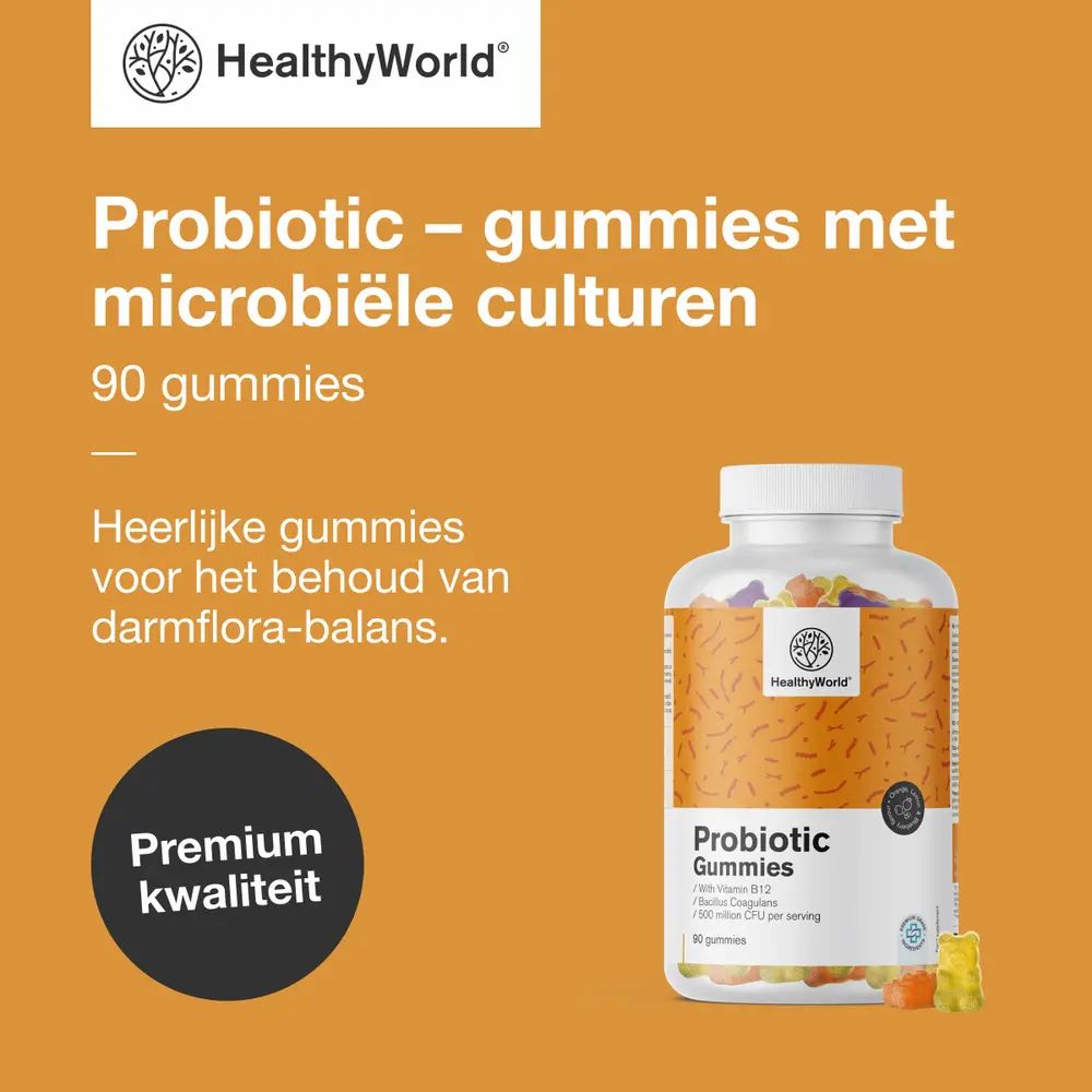 Fles Probiotic Gummis, gummies vallen eruit. Tekst: Probiotica - gummies met microbiële culturen.