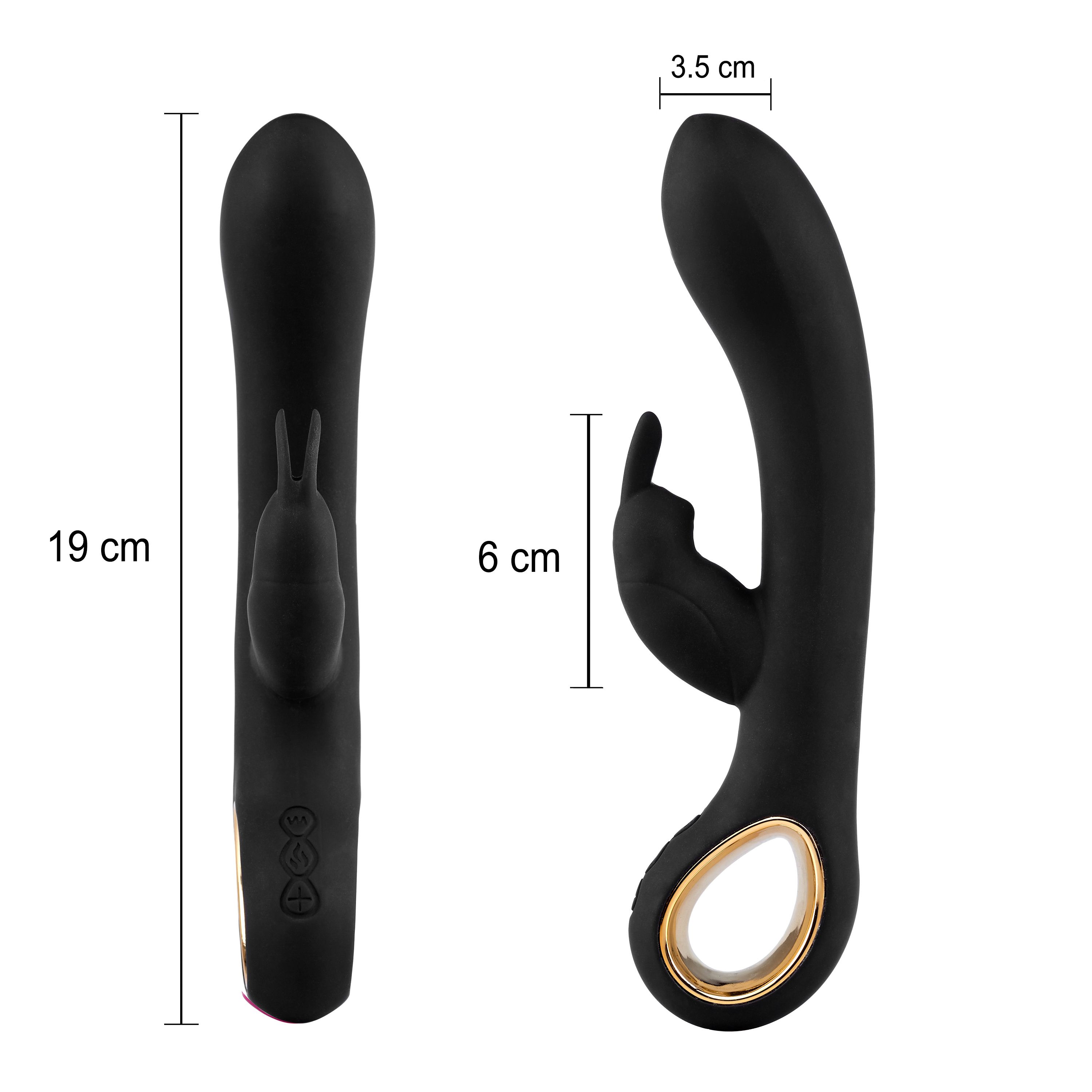 Vibrateur noir avec oreilles de lapin. Dimensions : 19 cm de long, 6 cm de large, 3,5 cm d'épaisseur. Anneau doré.