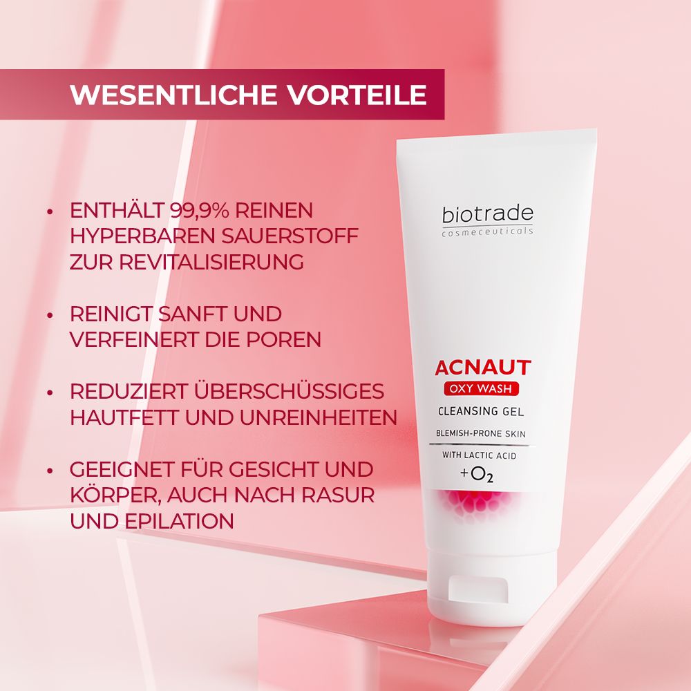 Tube de produit avec texte. Texte : Acnaut Oxy Wash Cleansing Gel. Sur fond rose avec des boîtes de texte.