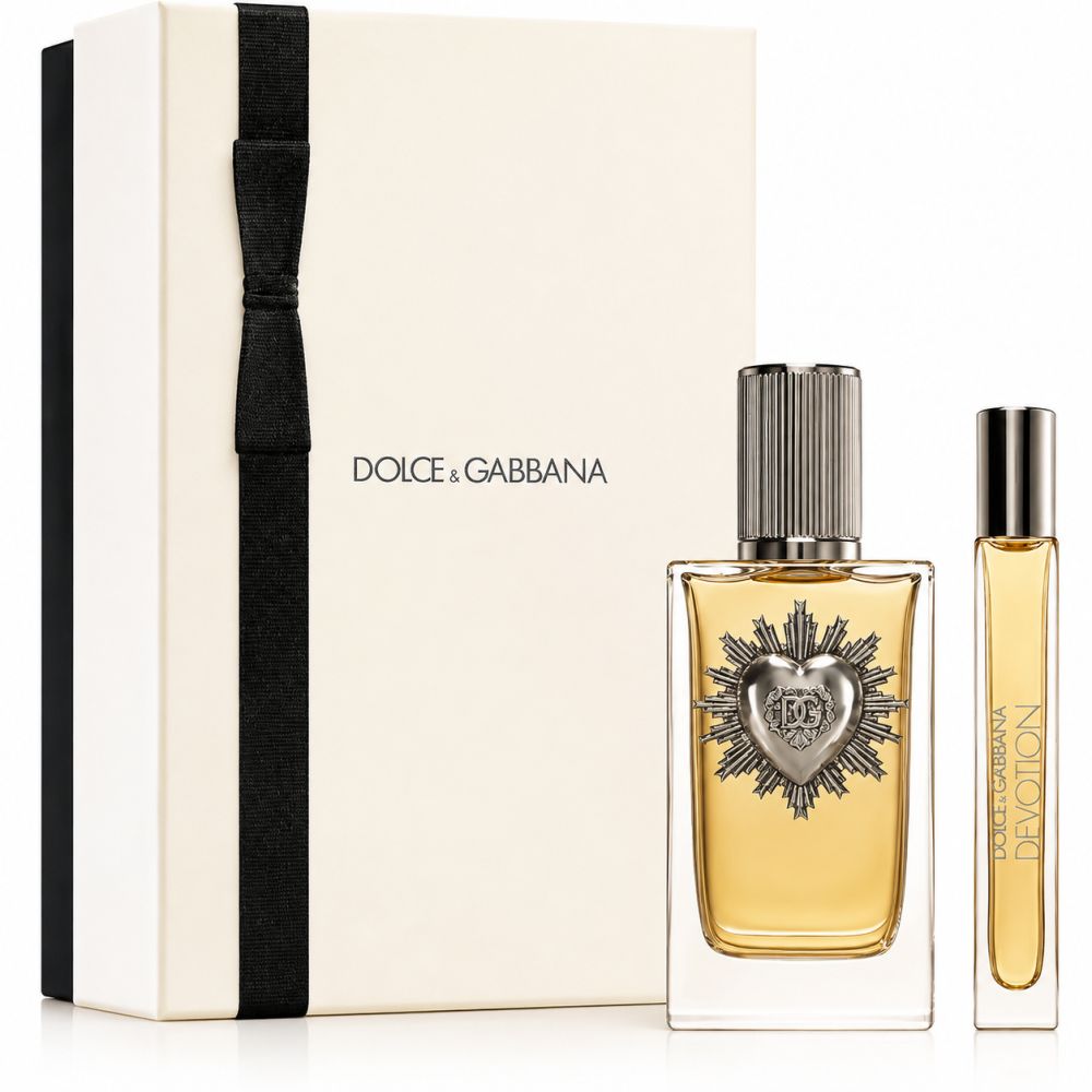 Coffret Dolce & Gabbana Devotion pour Homme : flacon d'Eau de Parfum et vaporisateur de voyage dans une boîte cadeau.
