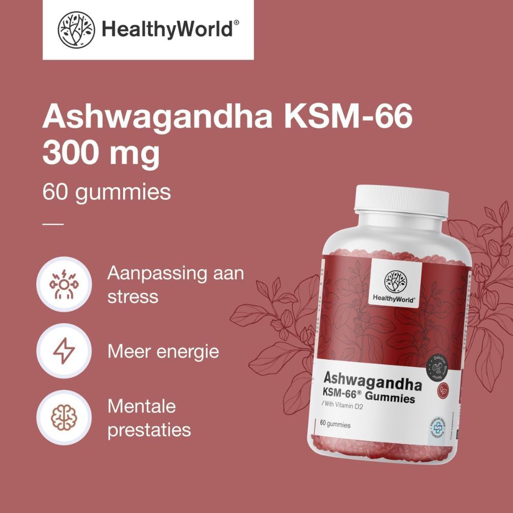 Ashwagandha KSM-66 Gummies, 60 stuks. Rode gummies in een fles. Merk: HealthyWorld.