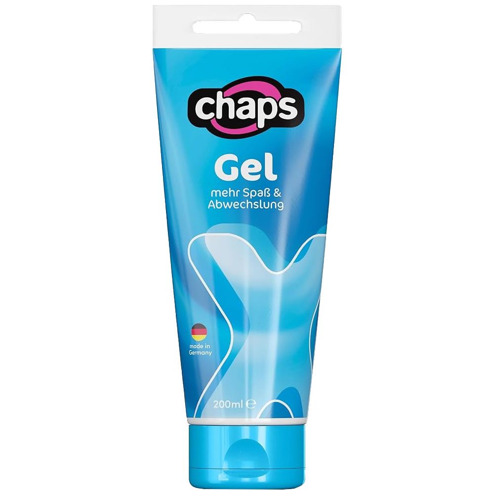Blauw-witte tube met productnaam "chaps Gel". Tekst: "mehr Spaß & Abwechslung". 200ml. Gemaakt in Duitsland.
