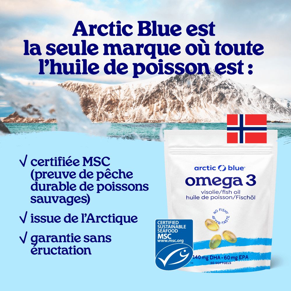 Emballage Oméga 3 huile de poisson devant des montagnes, certification MSC et avantages.