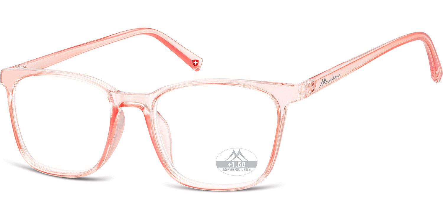 Lunettes roses, monture rectangulaire. Logo Montana Eyewear sur la branche. Verres : +1.50.