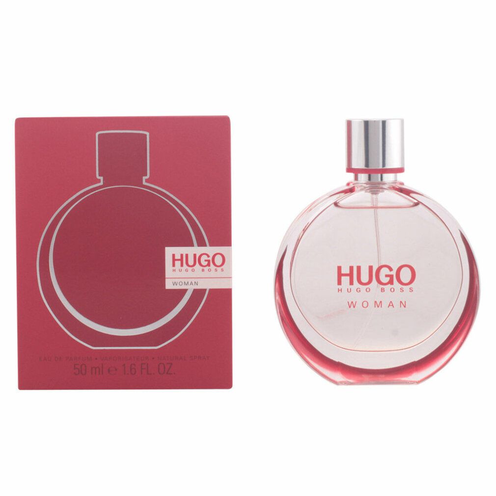 Rode doos en ronde fles. Opschrift HUGO WOMAN. Fles met zilveren dop. 50 ml.