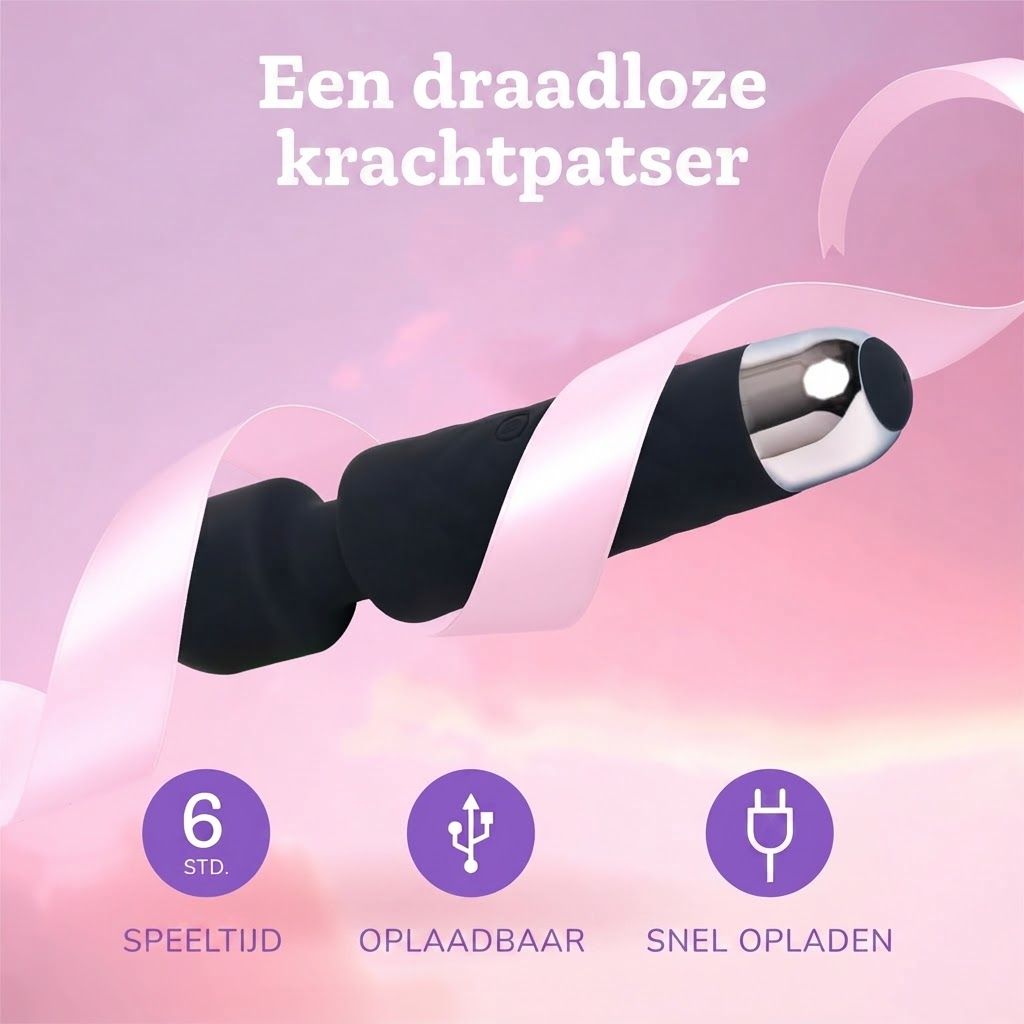 Zwarte vibrator met zilveren punt, omwikkeld door een roze lint. Laadindicatoren voor 6 uur speeltijd, USB-oplaadbaar en snel opladen.