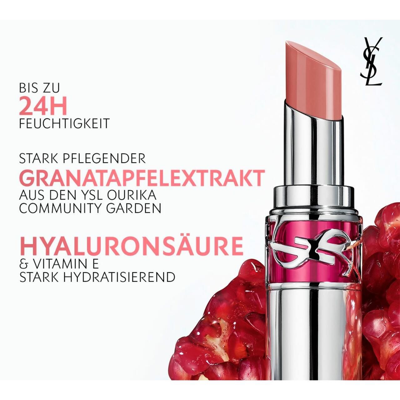 YSL lipstick met granaatappelextract en hyaluronzuur. Zilveren huls met roze logo. Tekst: Tot 24H hydratatie.