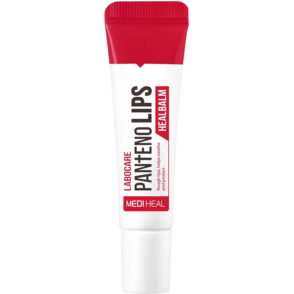 Tube blanche et rouge avec l'inscription PANTENO LIPS HEALBALM. Logo MEDIHEAL. Bouchon rouge. Produit pour les lèvres gercées.