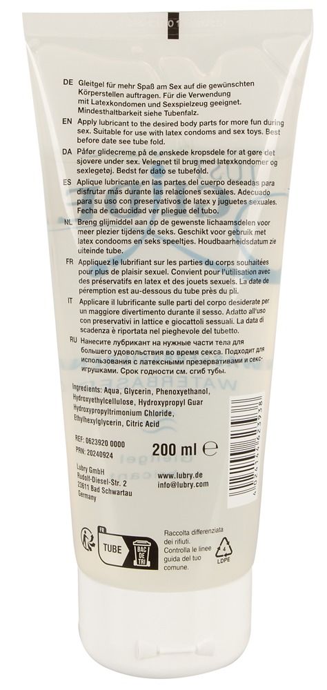 Dos d'un tube de gel lubrifiant. Texte en plusieurs langues. Ingrédients, informations fabricant, 200 ml.