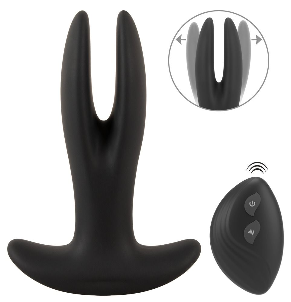 Écarteur anal noir avec pointe divisée et télécommande séparée à deux boutons.