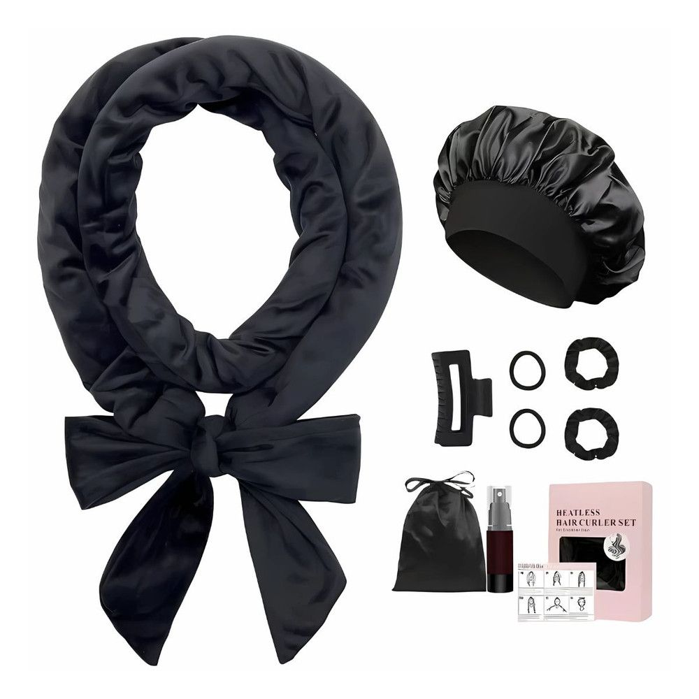 Bigoudi en tissu noir avec nœud, et un bonnet en soie.