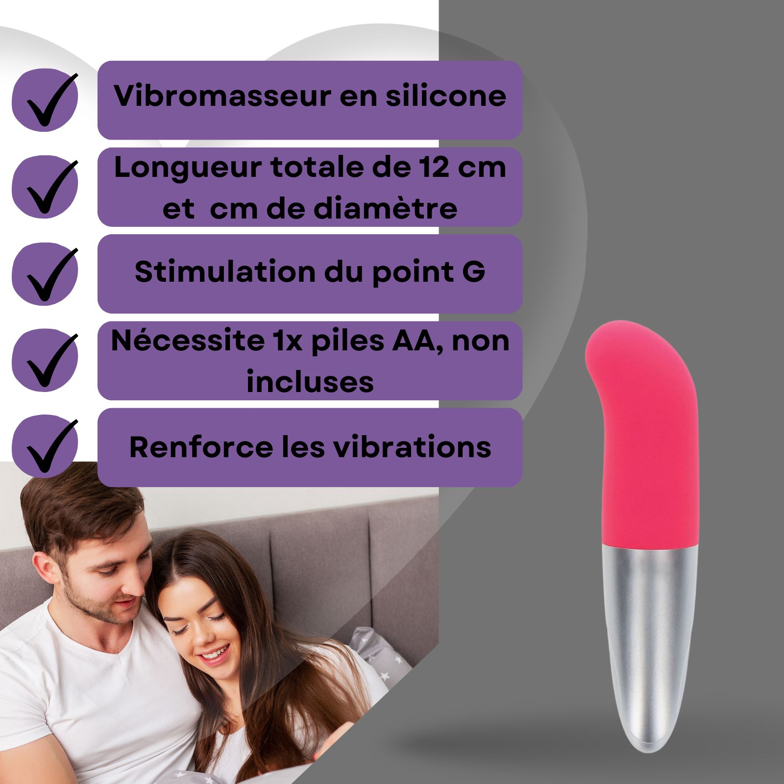 Vibrateur rose et argenté. Stimulation du point G. Couple en arrière-plan.