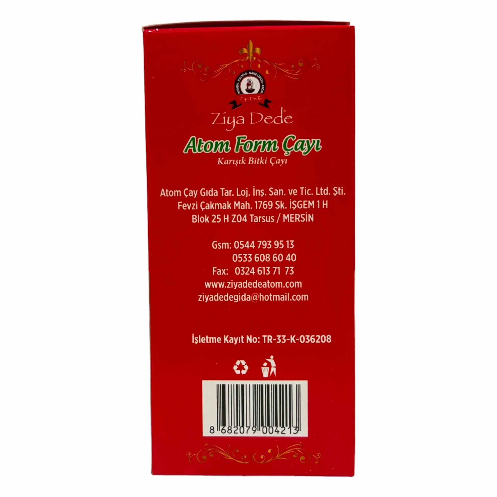 Rode verpakking met tekst. Ziya Dede Atom Form Çayı. Contactgegevens en barcode. Turkse kruidenmix.