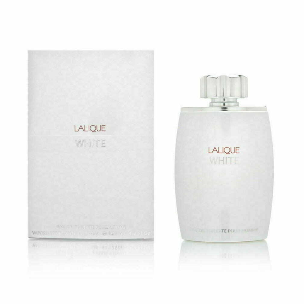Flacon et boîte blancs. Inscription: Lalique White. Flacon avec bouchon argenté. Boîte à côté.