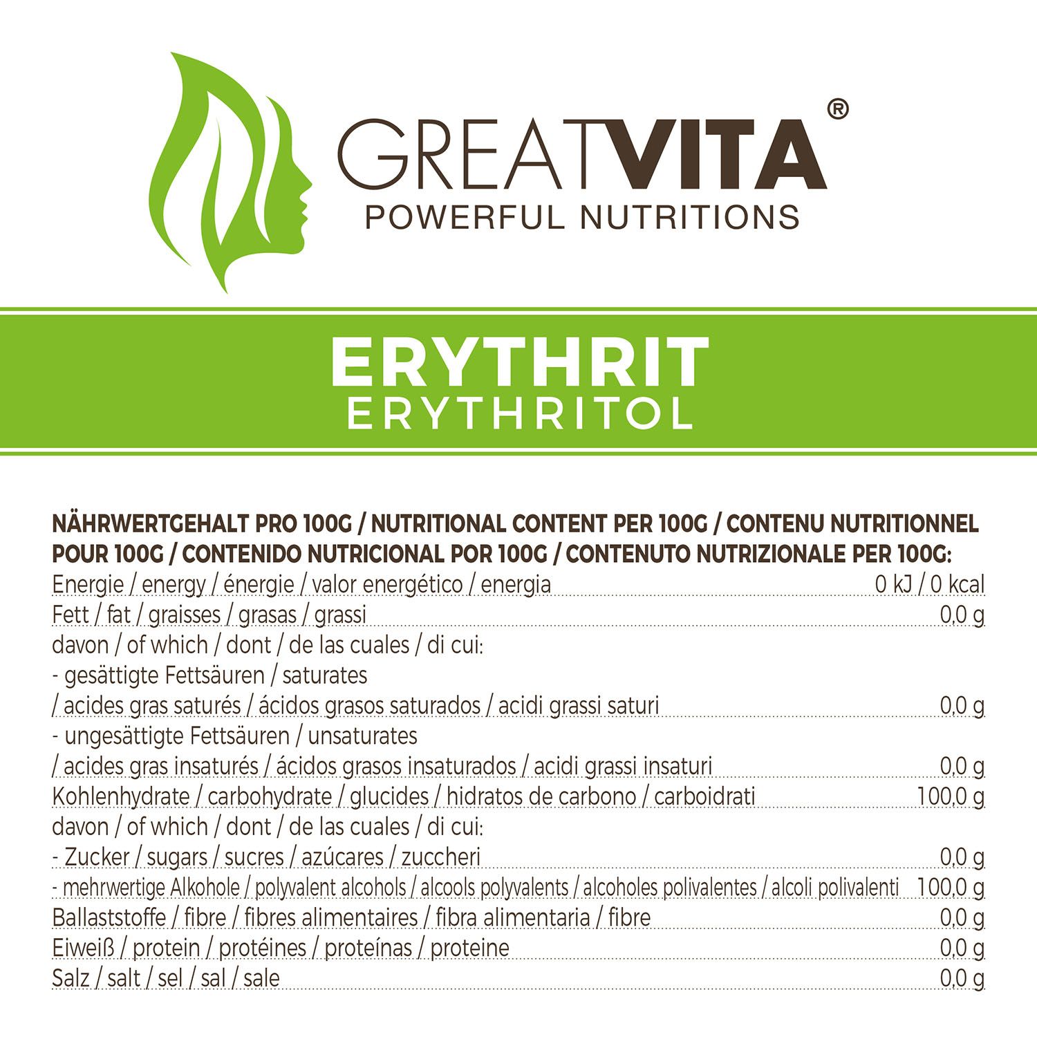 Close-up van de voedingstabel voor erythritol. Informatie per 100g in verschillende talen.