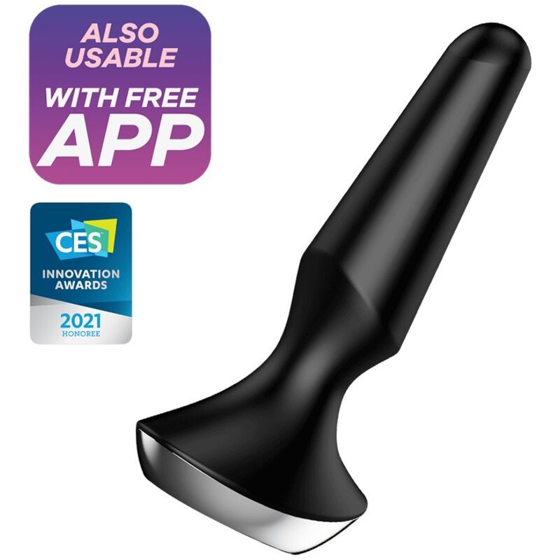 Vibrateur anal noir avec base large et accent argenté. Avec "Also Usable with Free App" et sceau CES Innovation Award 2021.