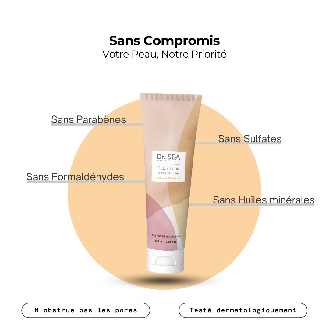Tube de crème. Inscription : Dr. SEA, Multivitamin, Hands & Nails Cream, Mango & Vitamin E. Texte sur les ingrédients : huile de mangue, vitamine E, huile d'olive.