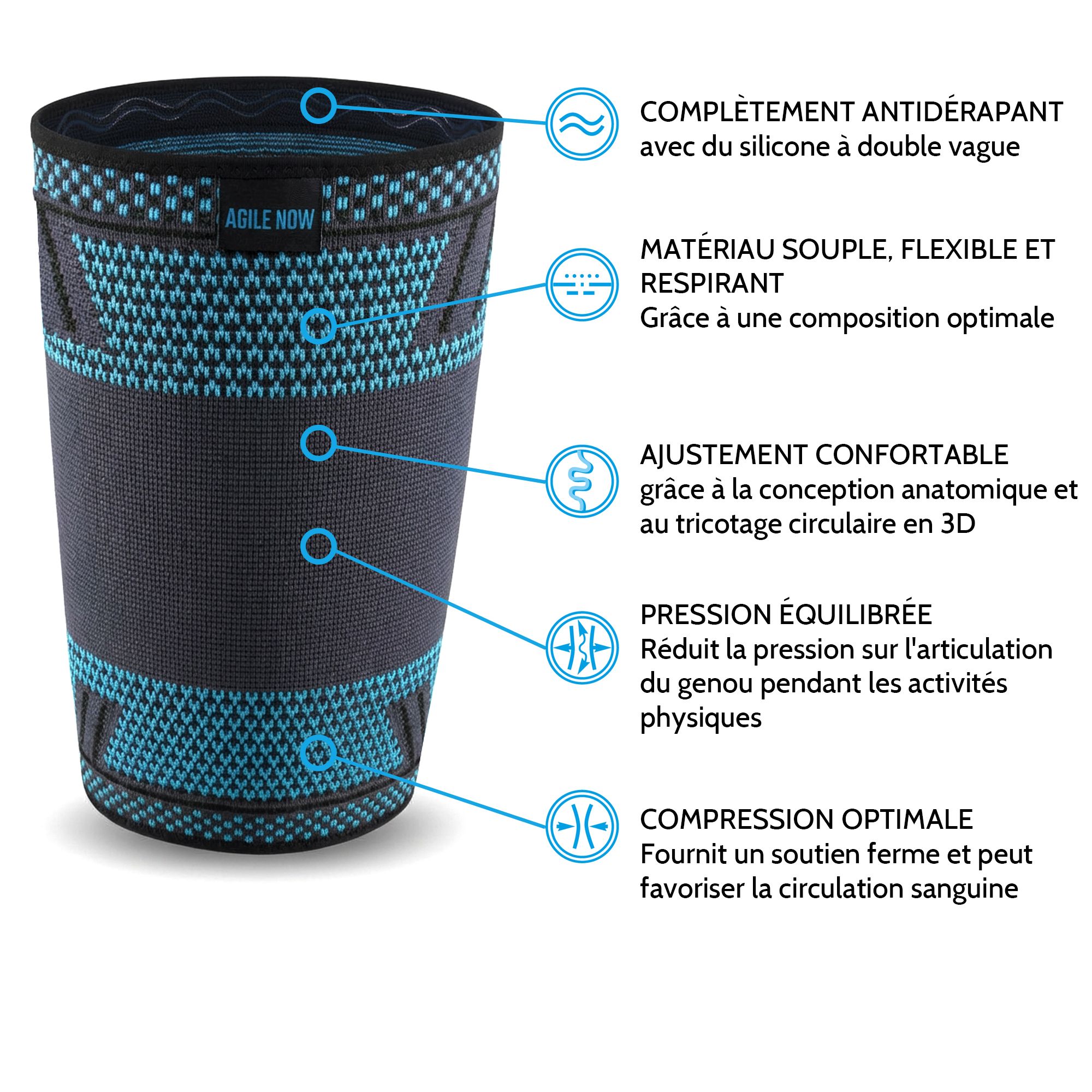 Bande de cuisse. Textile noir et bleu. Forme anatomique. Silicone double vague. Respirant. Compression optimale.