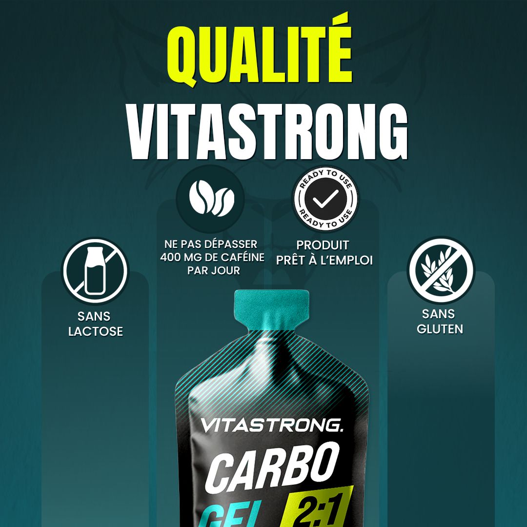 Vitastrong Carbo Gel 2:1 + Koffein. Sachet de gel. Texte: Carbo Gel 2:1, Mg + K, Magnésium + Potassium + Caféine, Énergie. Symboles: Sans lactose, sans gluten.